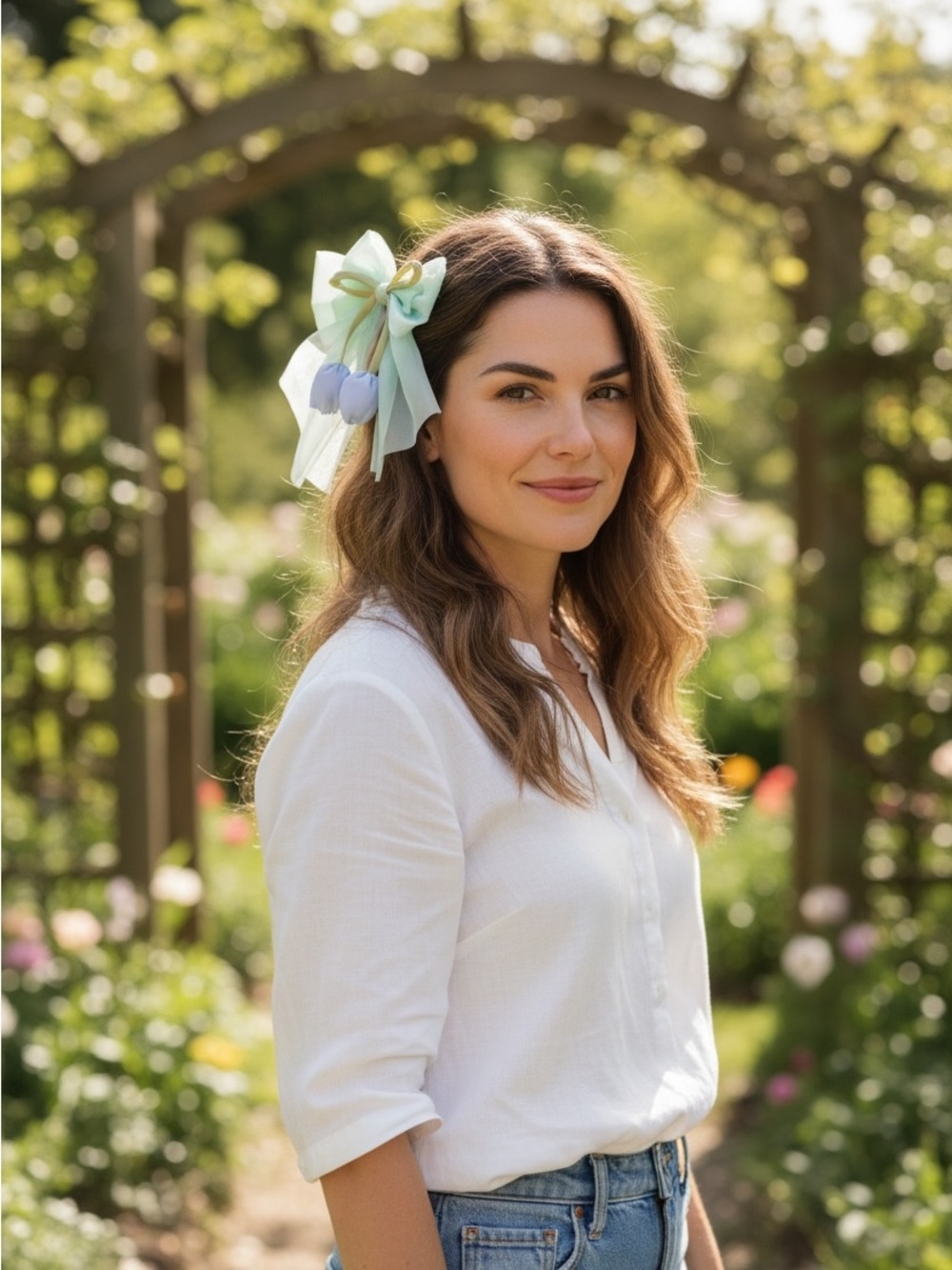 Pastel Green Ribbon Hair Bow Clip with Lilac Accents